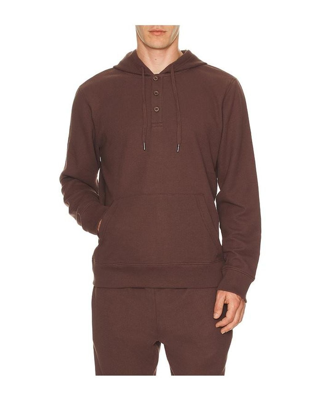 Onia Brown Waffle Half Button Hoodie for men