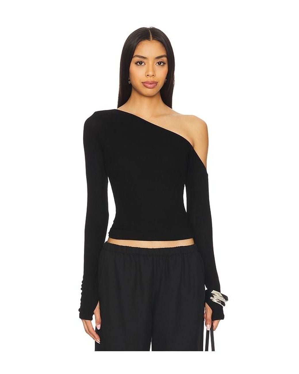 Michael Lauren Black Magdaleno Long Sleeve Asymmetrical Fitted Cold Shoulder Top