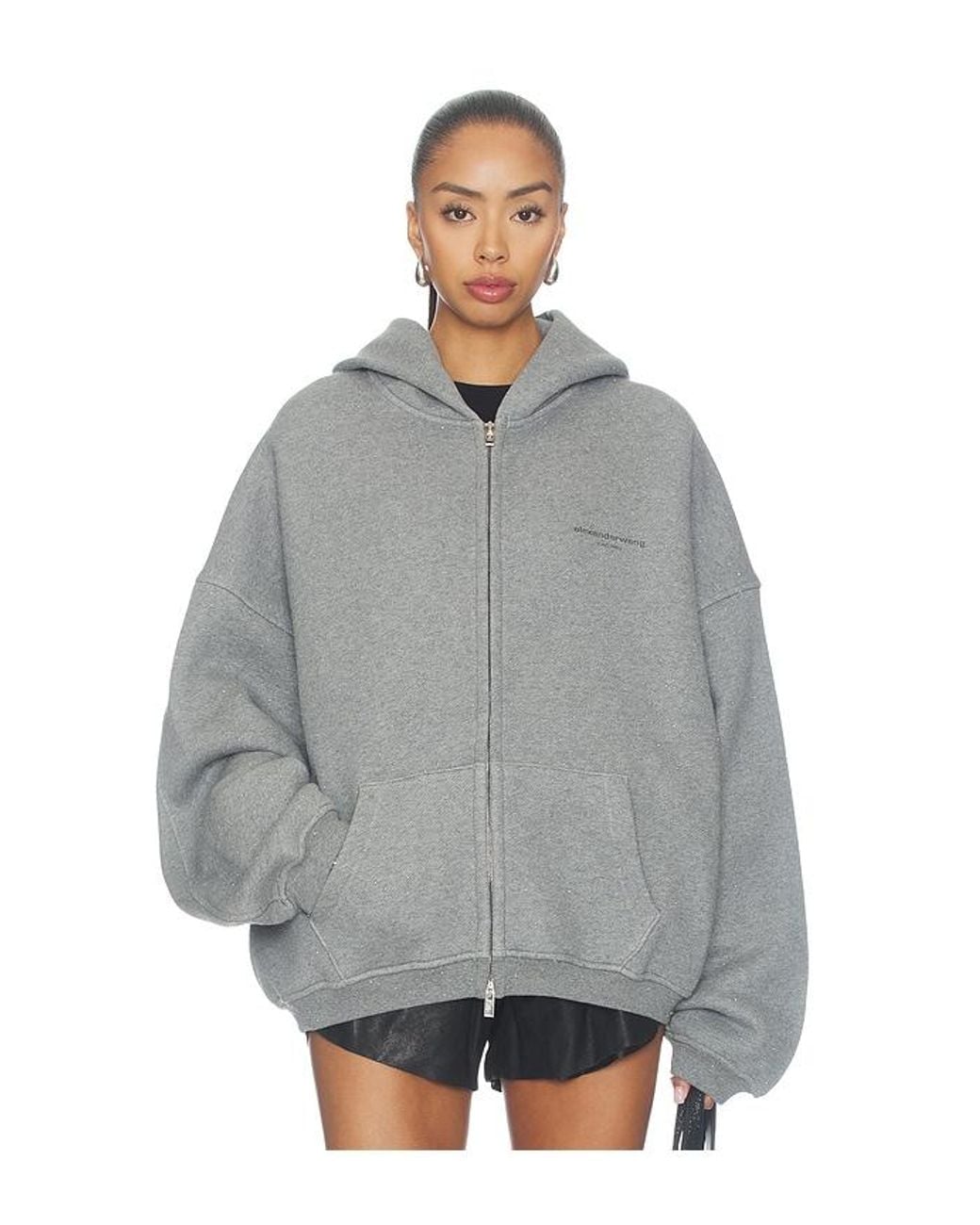 Alexander Wang Gray Oversized Zip-Up Hoodie With Allover Hotfix