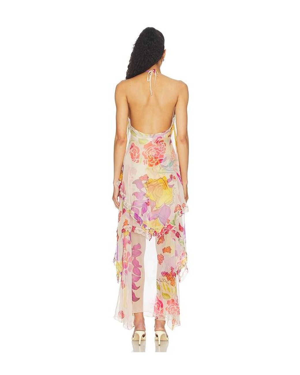 Donde Esteban White Flores Silk Chiffon Long Halter Dress