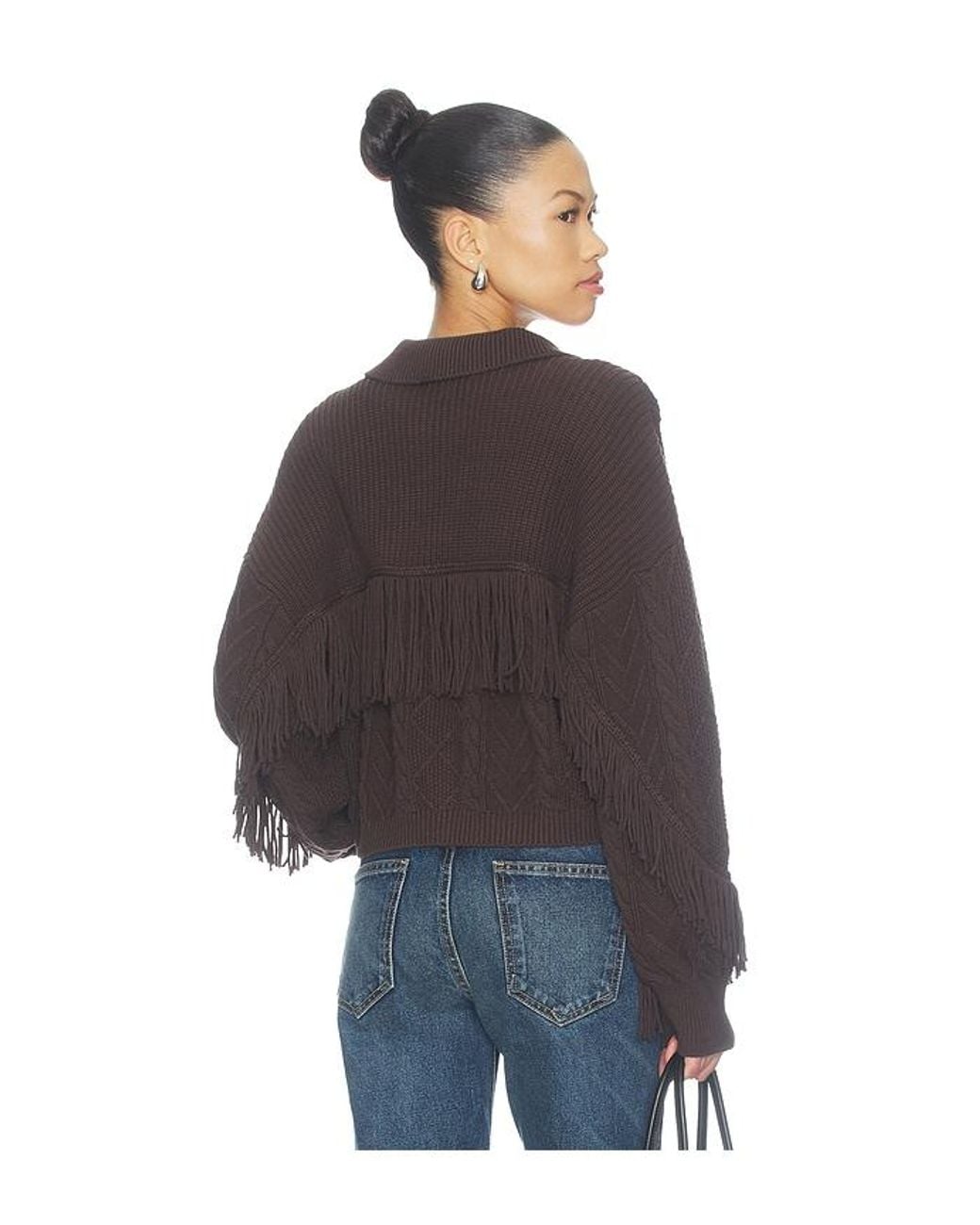 Central Park West Blue Phoebe Cable Fringe Sweater Cardigan