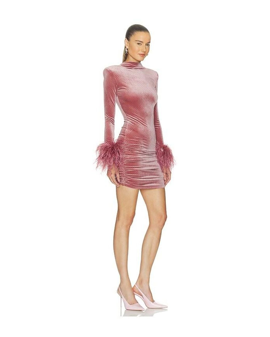 Bronx and Banco Red Sequin Velvet Long Sleeve Mini Dress With Feather Cuffs