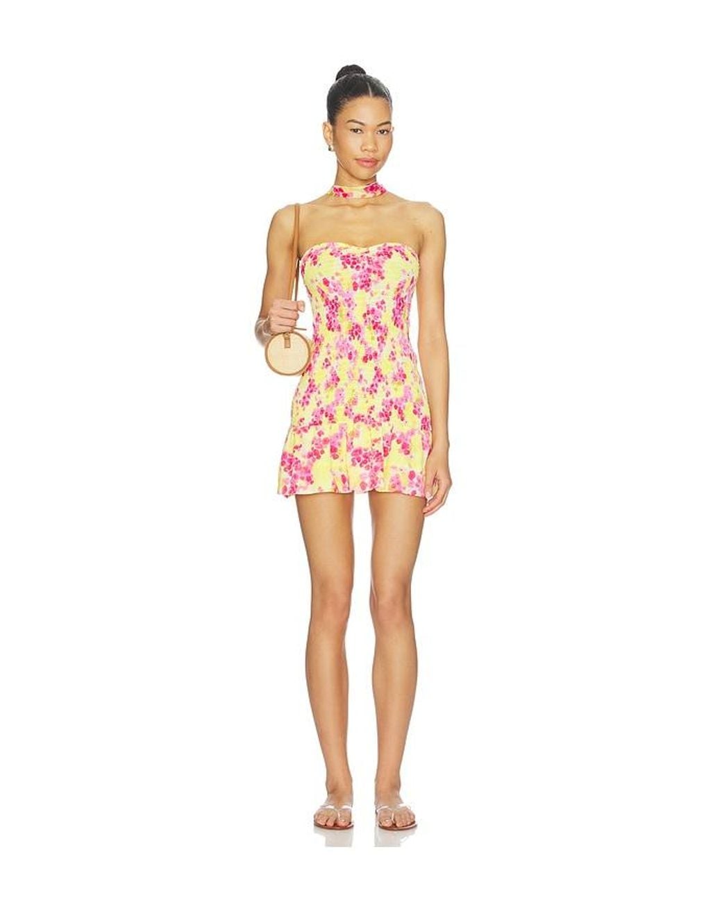Indah Multicolor Abigail Printed Pinch Front Bandeau Bubble Ruffle Mini Dress With Scarf