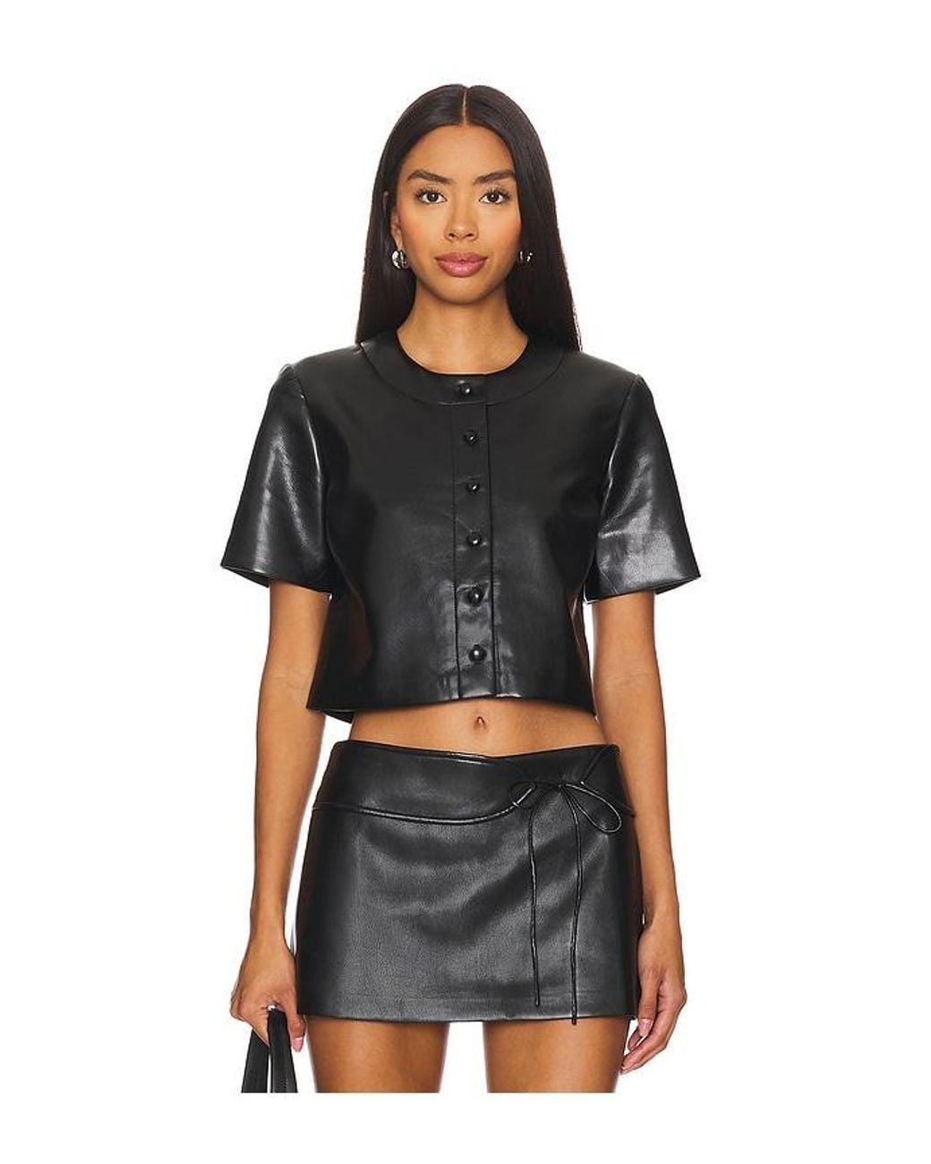 Amanda Uprichard Black Button-Front Faux Leather Top