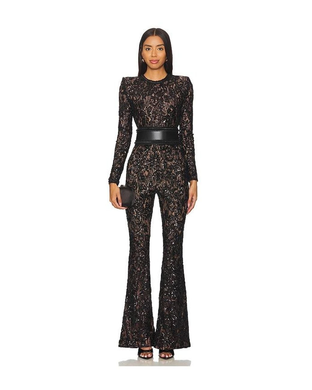 Nadine Merabi Black Sequin-Embellished Lace Jumpsuit
