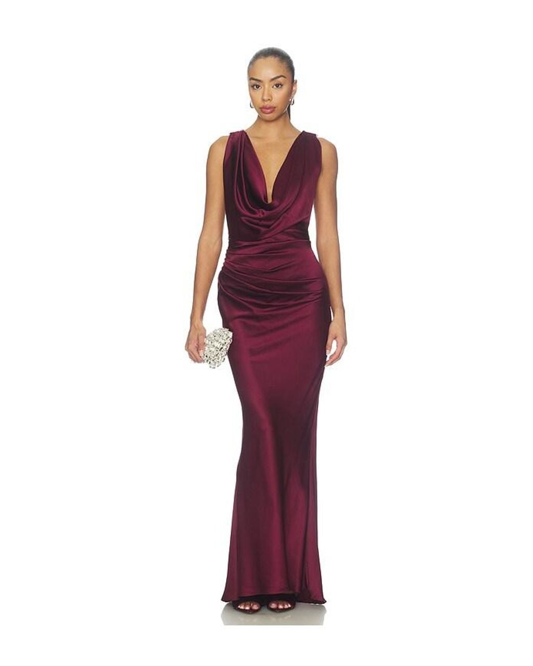Bronx and Banco Red Silky Cowl Neck Gown With Diamond Embellished Back
