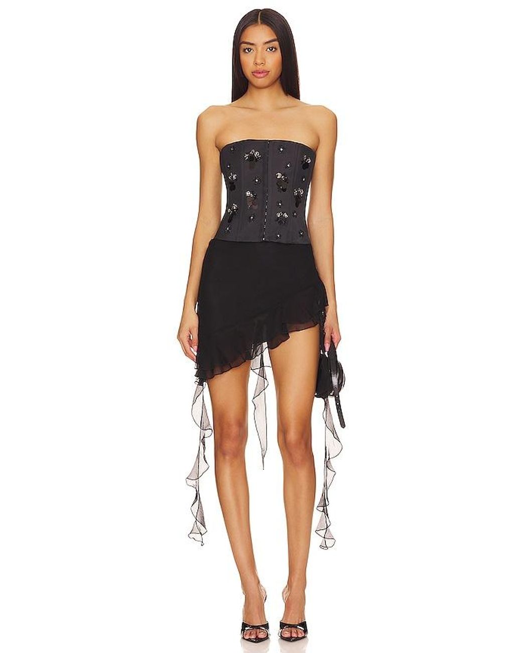 GUIZIO Black Embellished Satin Corset