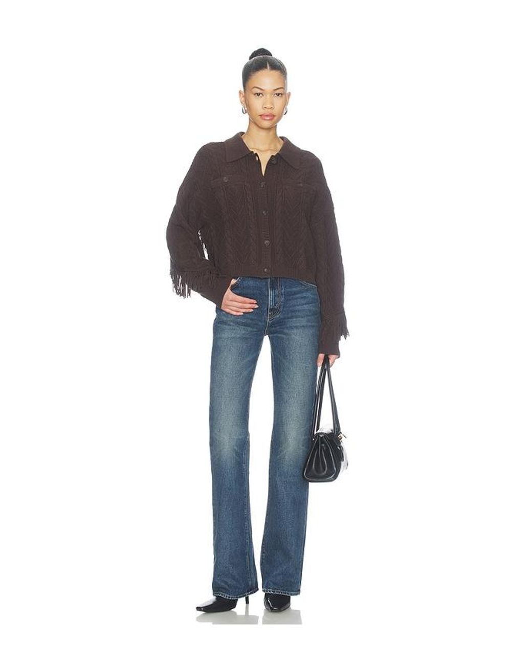 Central Park West Blue Phoebe Cable Fringe Sweater Cardigan