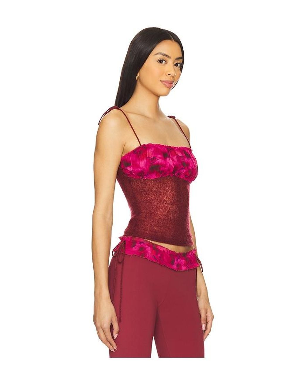 GUIZIO Red Ruched Knit Tank Top