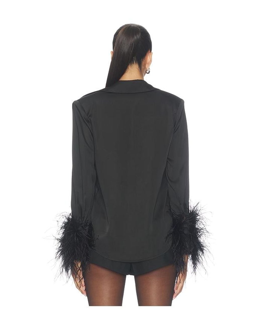 Bronx and Banco Black Button Down Blouse With Feather Cuffs