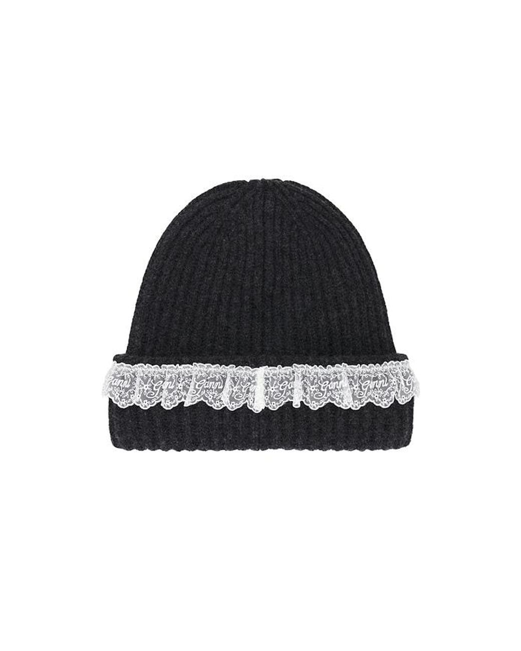Ganni Black Compact Wool Lace Beanie