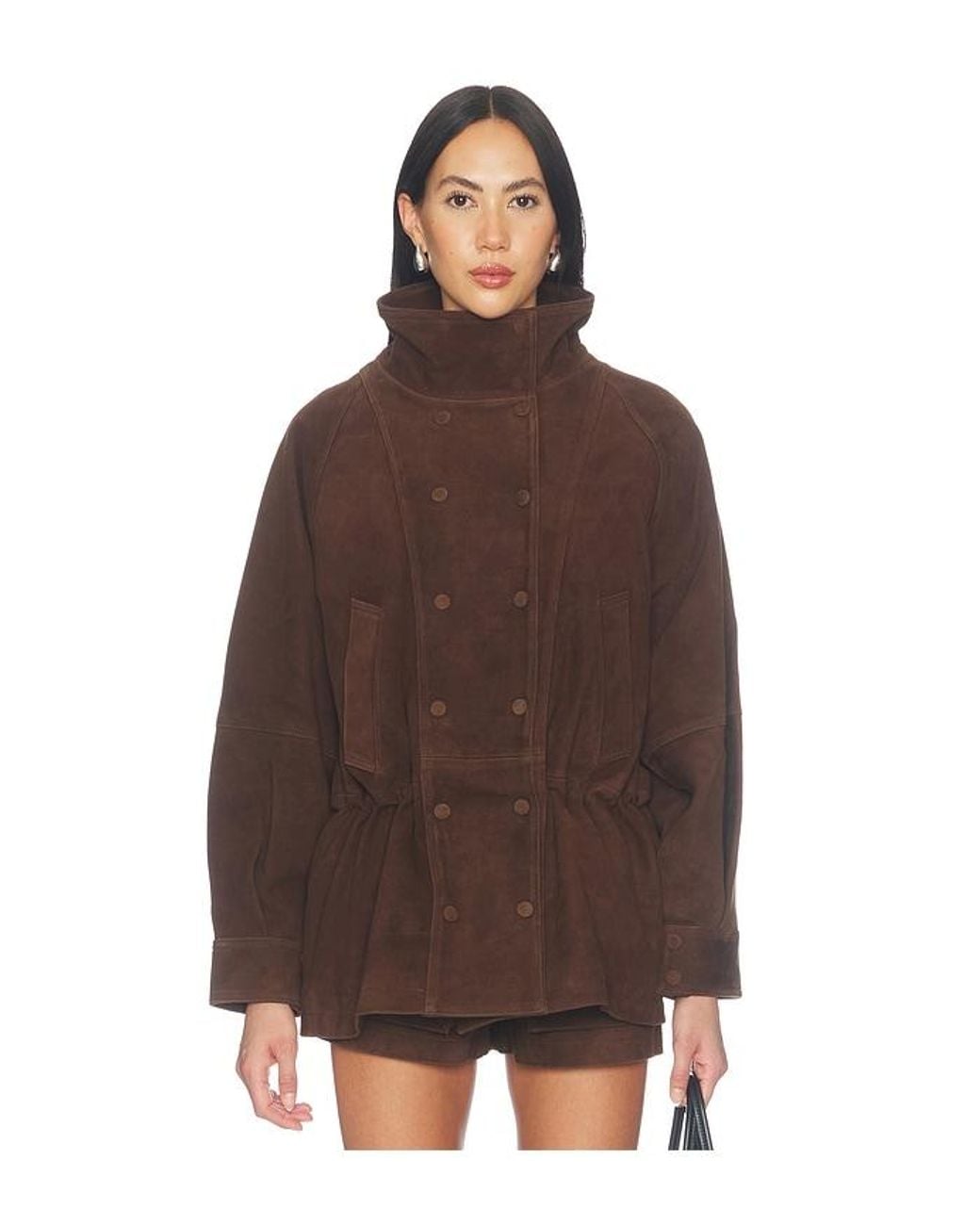 AEXAE Brown Lamb Leather Suede Cinched Mid Jacket