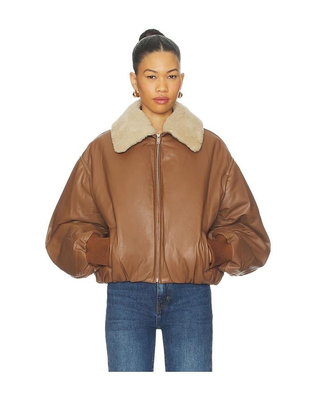 AEXAE Blue Leather Bomber Jacket