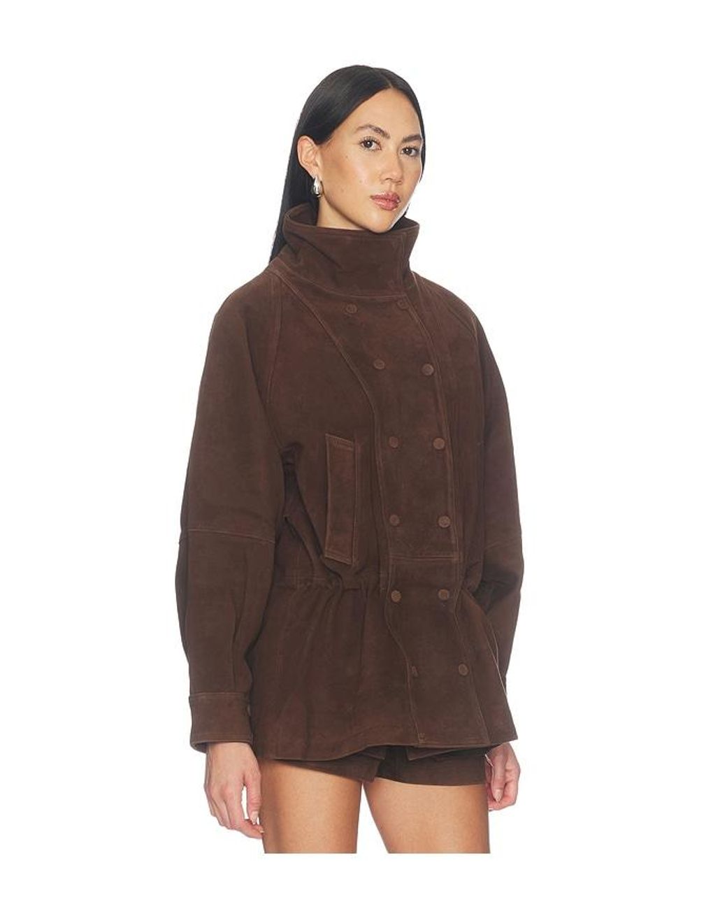 AEXAE Brown Lamb Leather Suede Cinched Mid Jacket