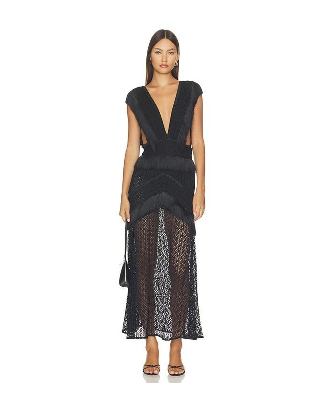 PATBO Black Ayla Fringe Long Dress