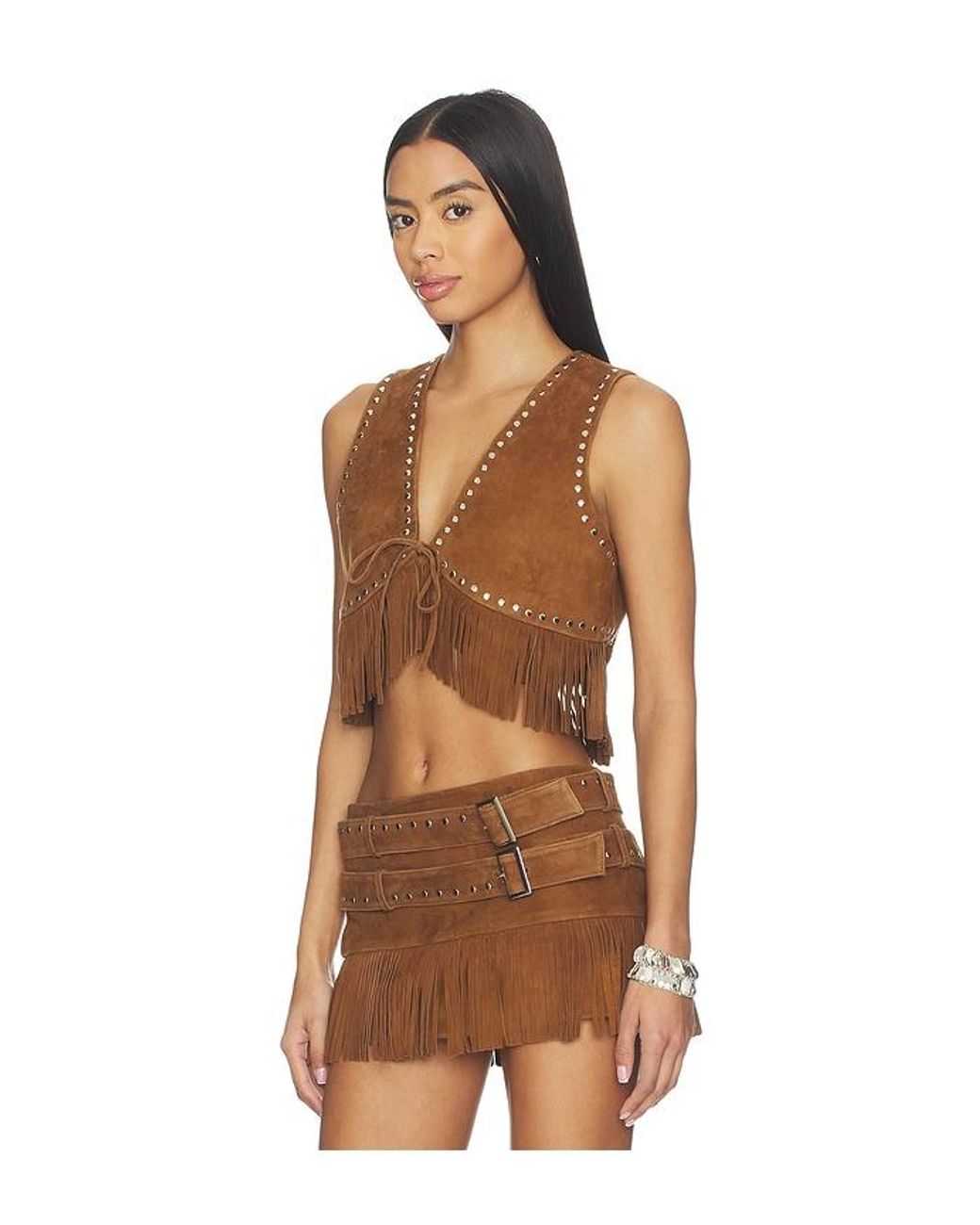 Lamarque Brown Reina Fringed Suede Vest