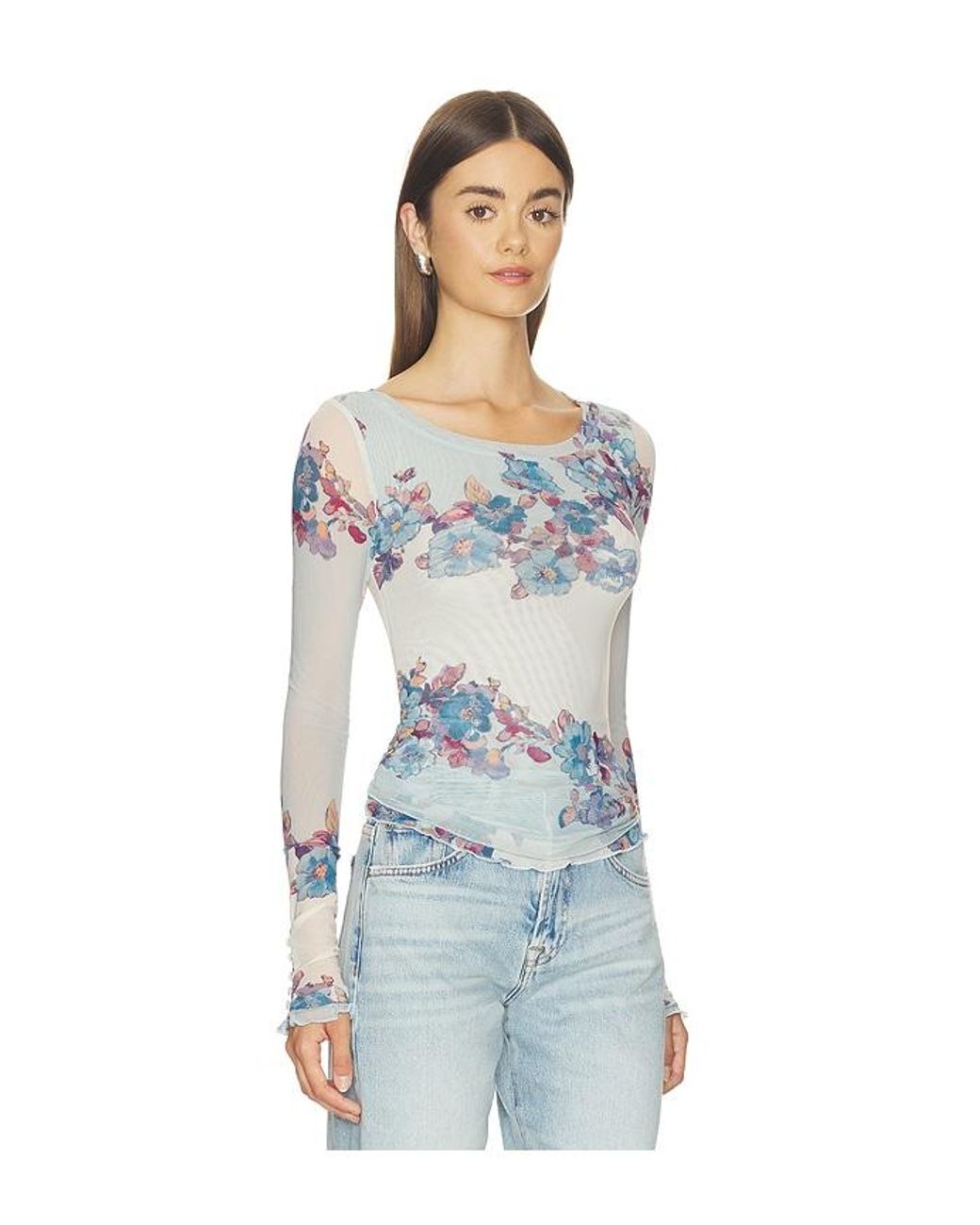 Free People Blue Lilly Printed Long Sleeve Top