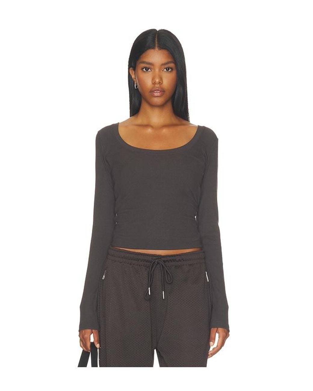 ADANOLA Black Rib Scoop Neck Long Sleeve Top