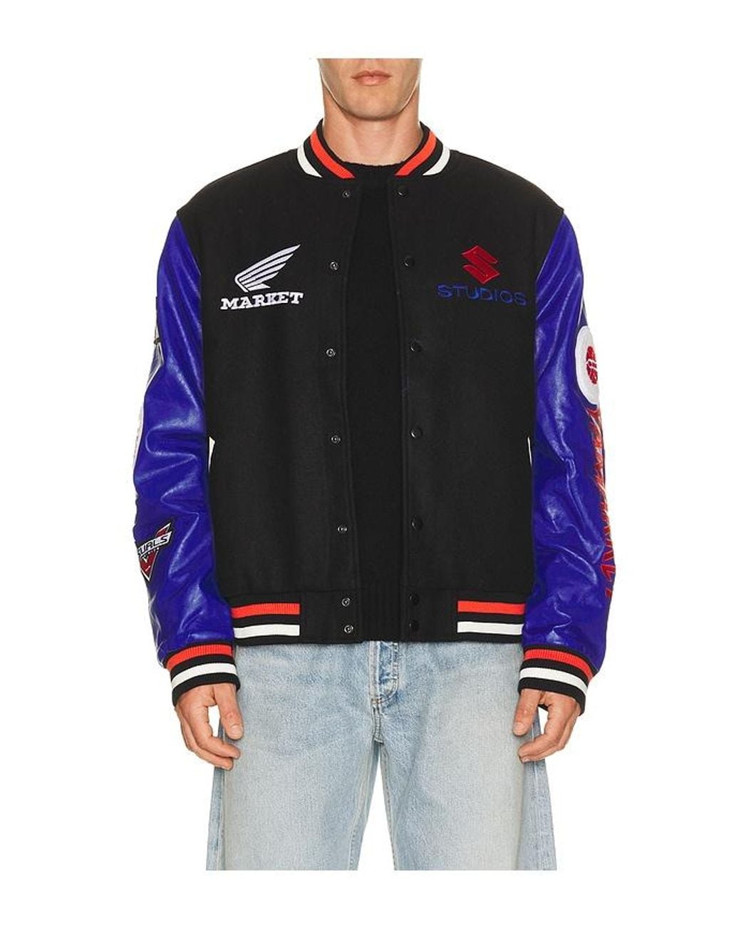 Market Blue Sponsorship Varsity Jacket for men