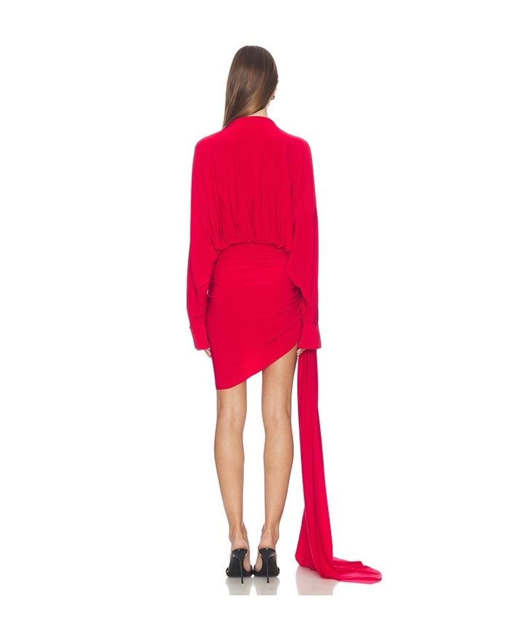 Norma Kamali Red Oversized Shirt Side Drape Dress With Bow