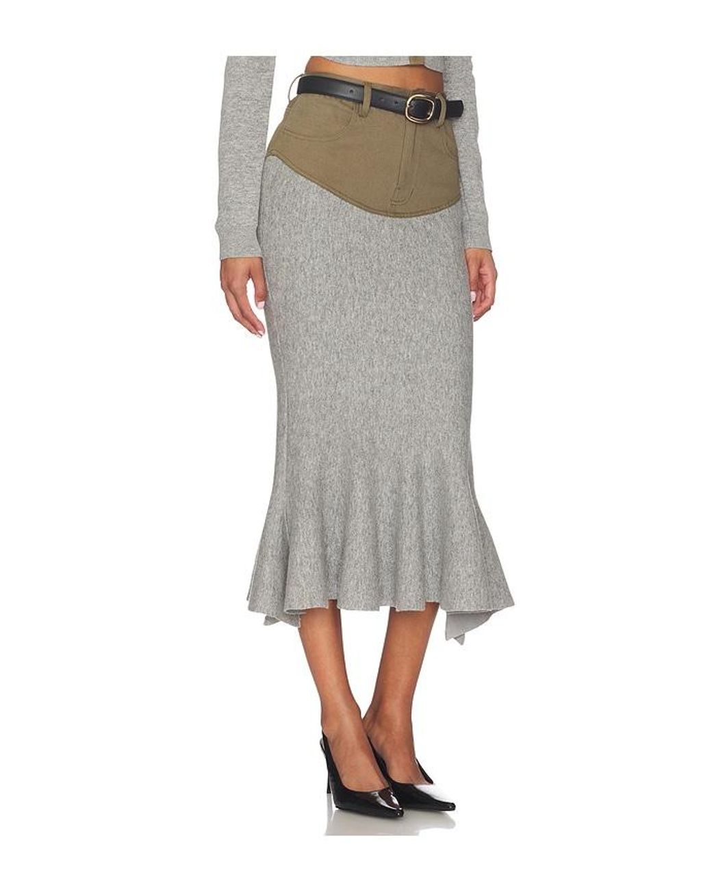 Self-Portrait Gray Knit Khaki Denim Insert Midi Skirt