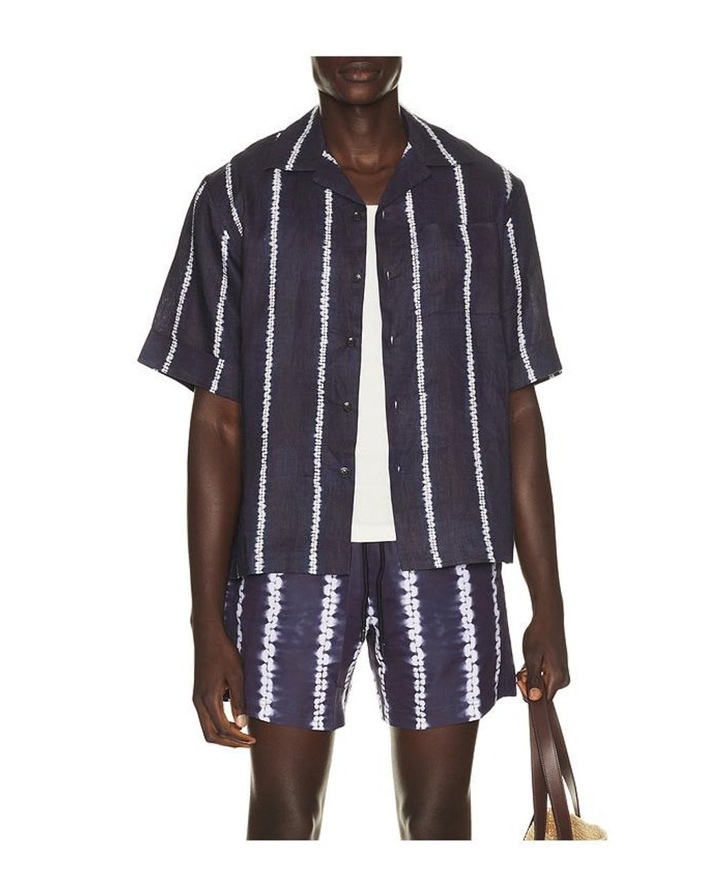 Commas Blue Shibori Stripe Cuffed Camp Collar Shirt for men