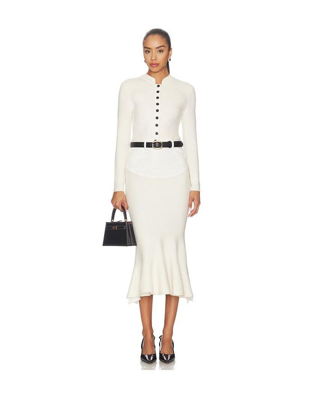 Self-Portrait White Knit Denim Insert Midi Dress
