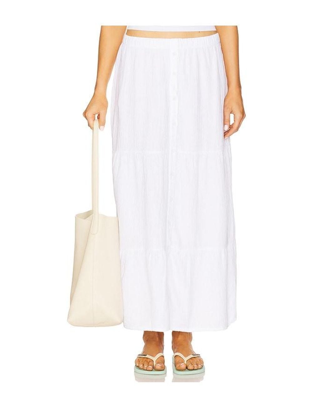 Bobi White Tiered Button Front Maxi Skirt