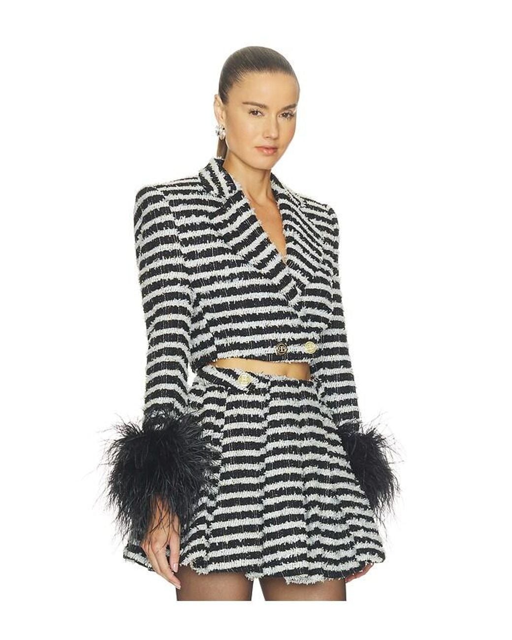 Bronx and Banco Multicolor Tweed Cropped Jacket With Feather Cuffs