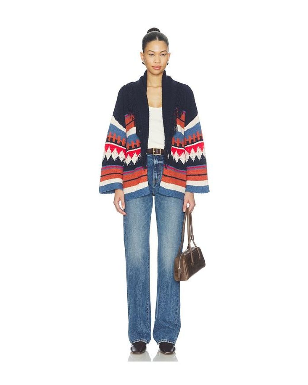 Autumn Cashmere Blue Southwest Fringe Shawl Collar Wrap
