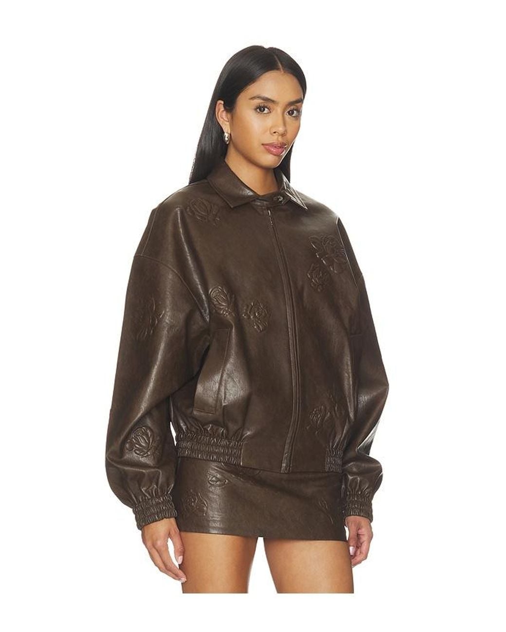 Markgong Brown Faux Leather Floral Imprinted Baseball Jacket