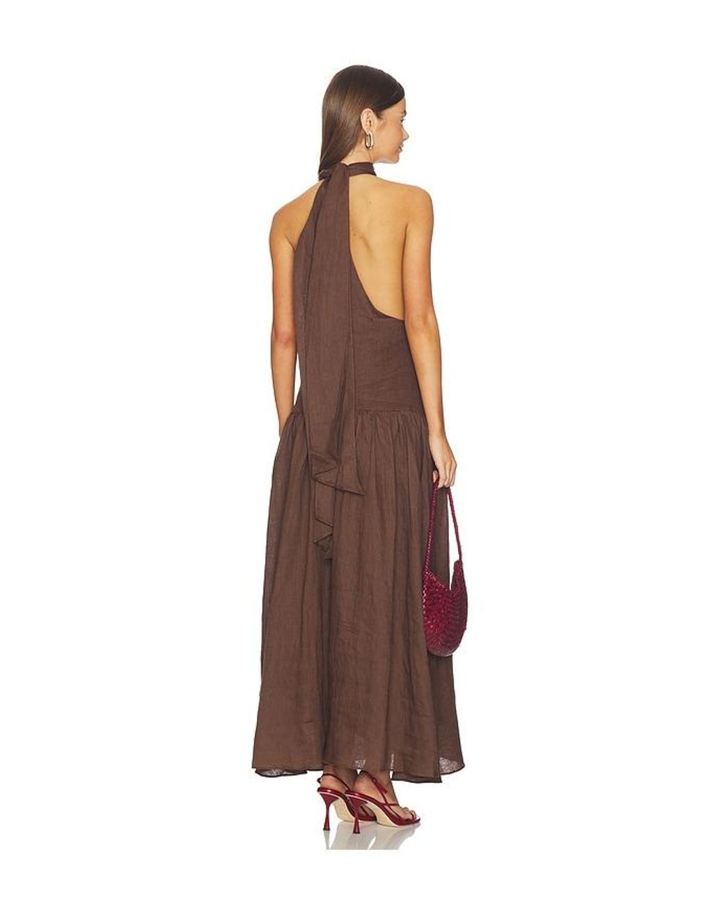 AEXAE Brown Linen Halter Drop Waist Maxi Dress