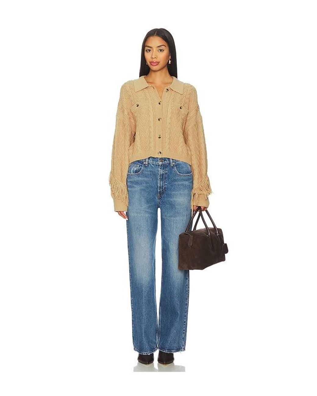 Central Park West Blue Elyse Cabled Fringe Sweater Cardigan