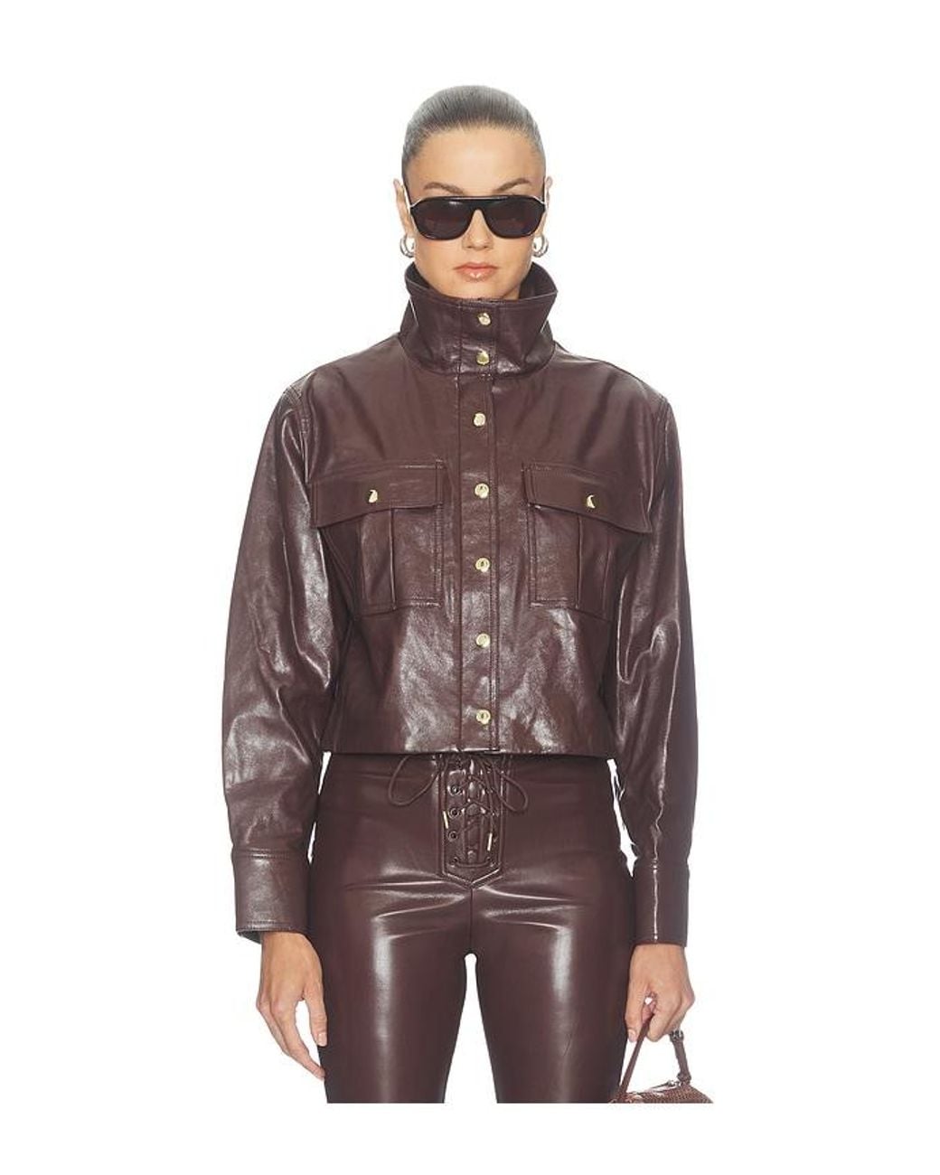 Alice + Olivia Brown James Faux Leather Cropped Longsleeve Funnel Neck Parka