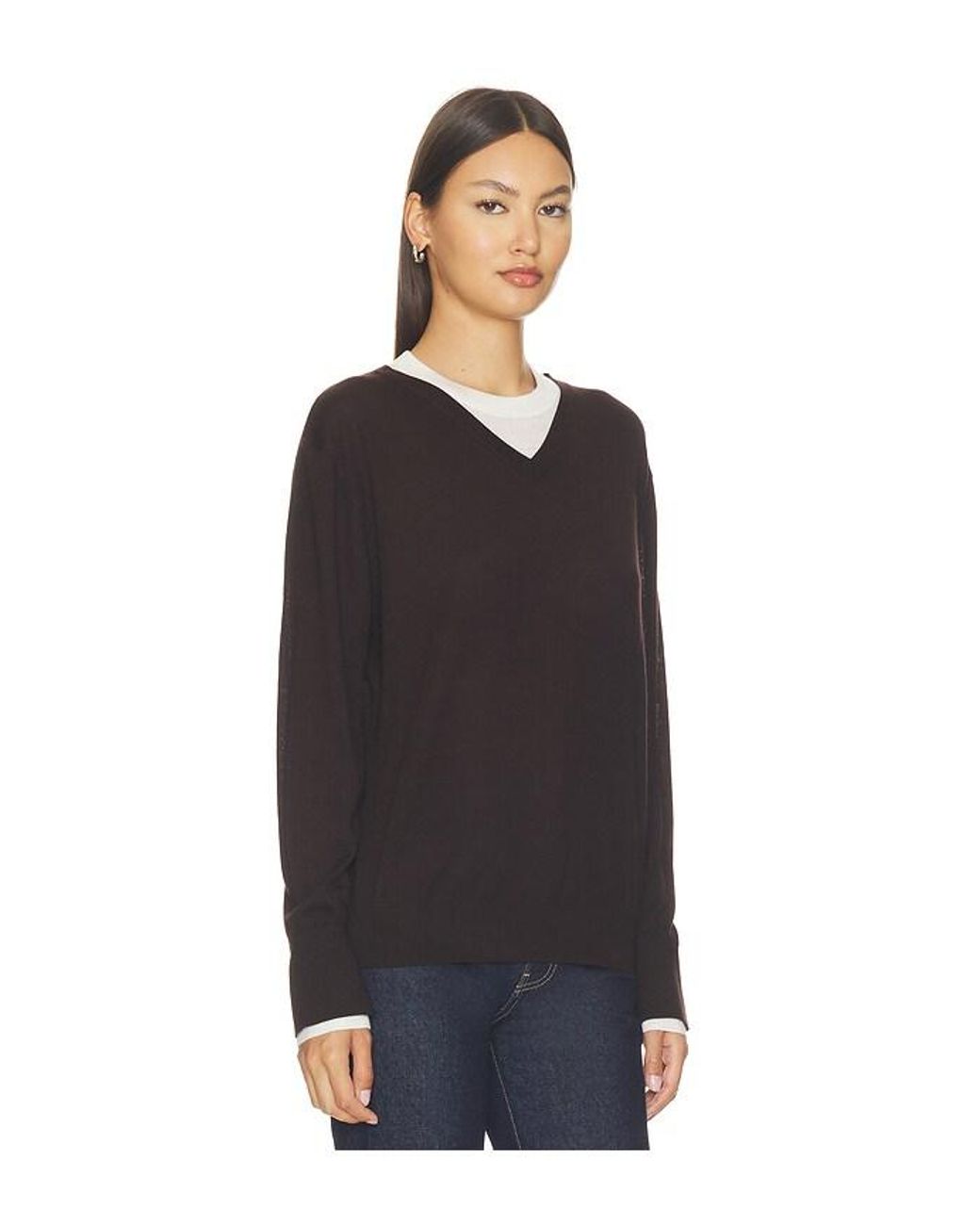 White + Warren Black Superfine Merino V Neck Top