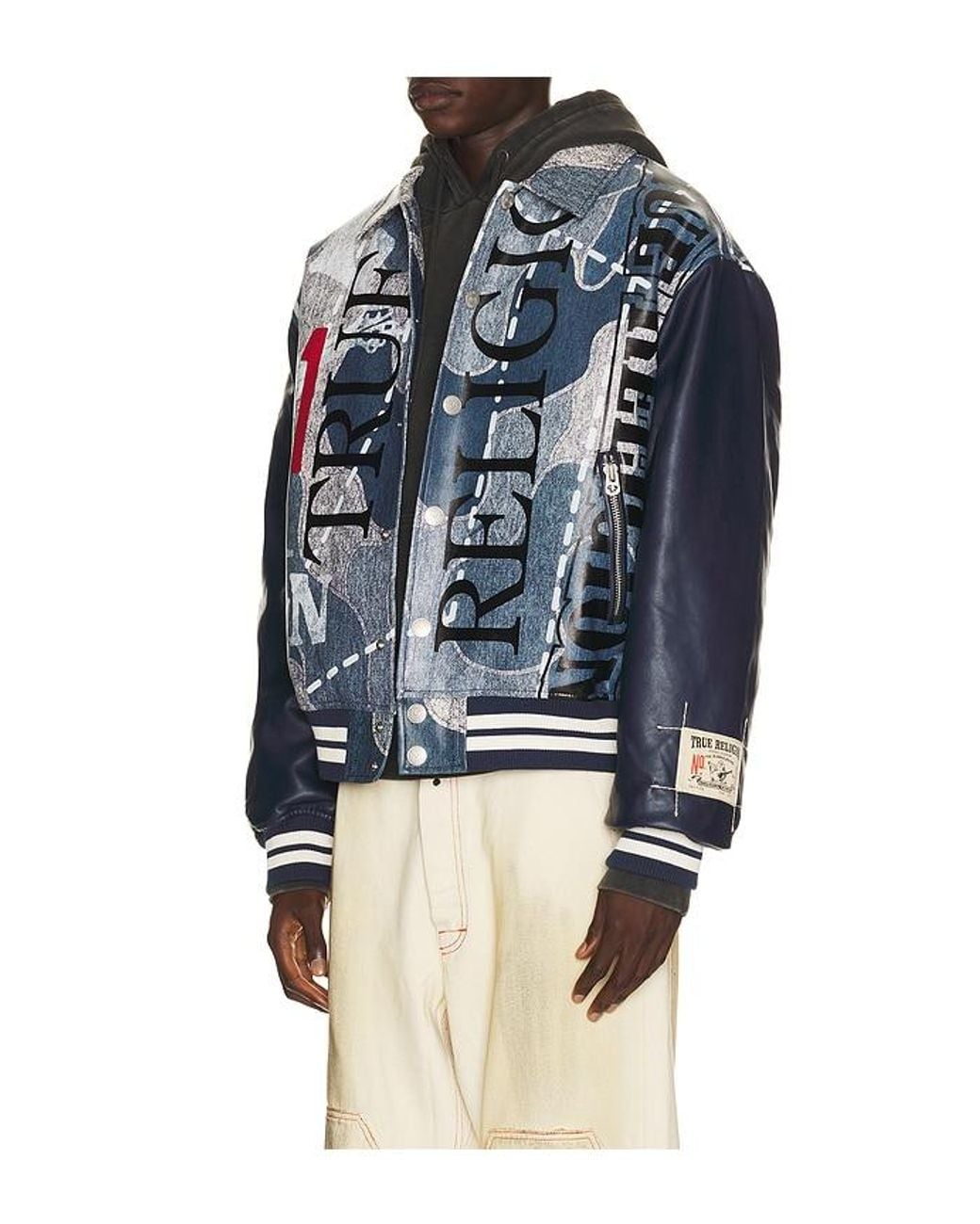 True Religion Blue Denim Print Bomber Jacket for men