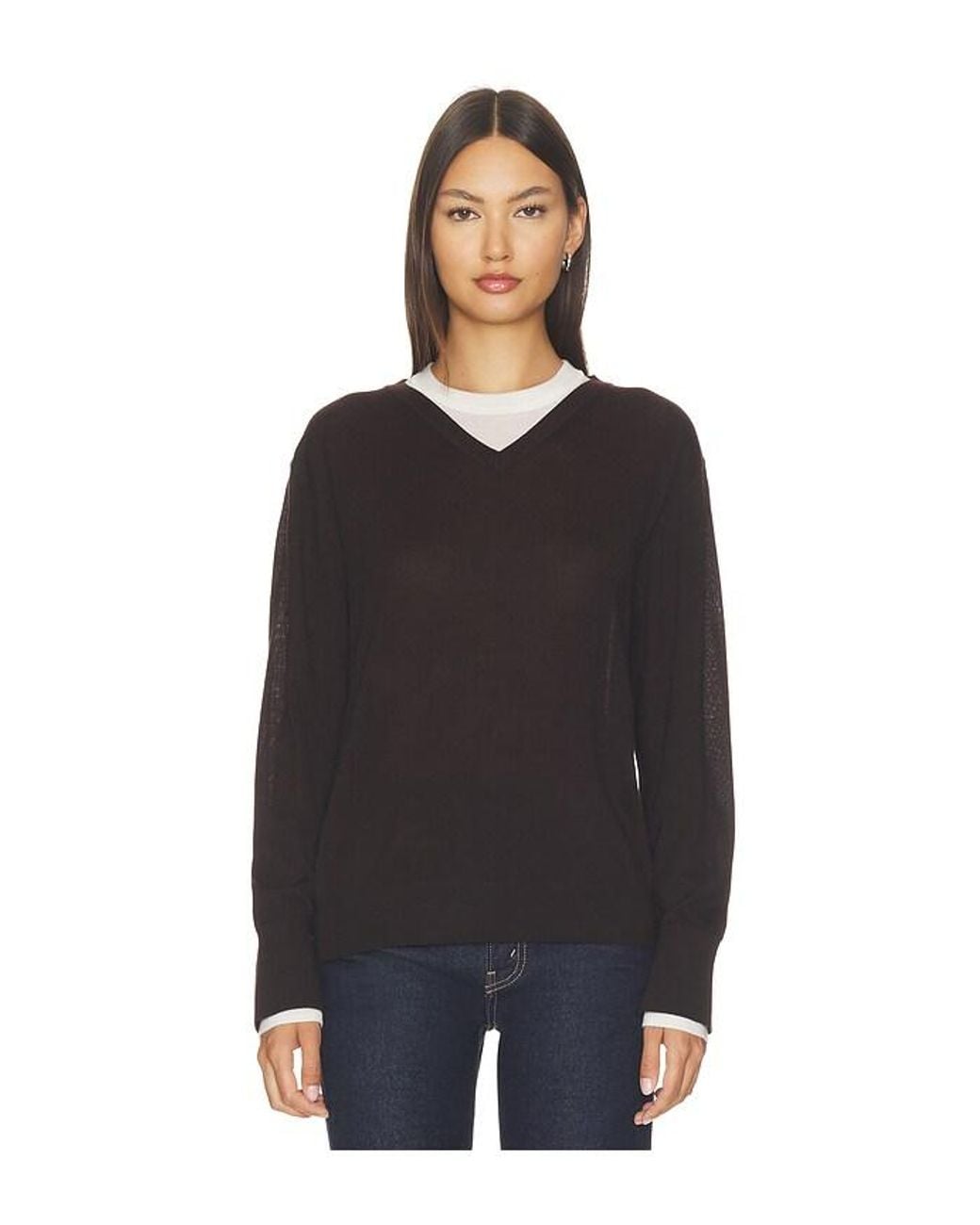 White + Warren Black Superfine Merino V Neck Top