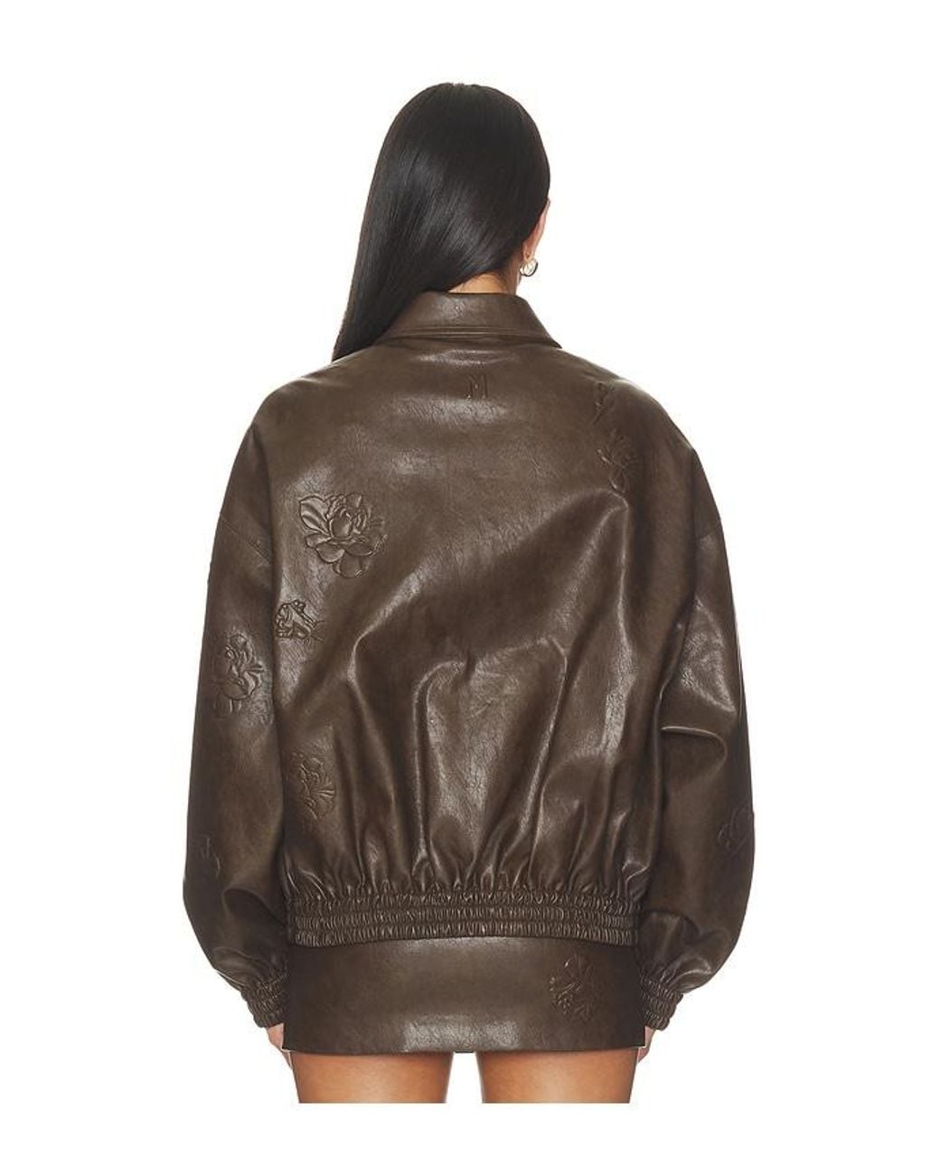 Markgong Brown Faux Leather Floral Imprinted Baseball Jacket