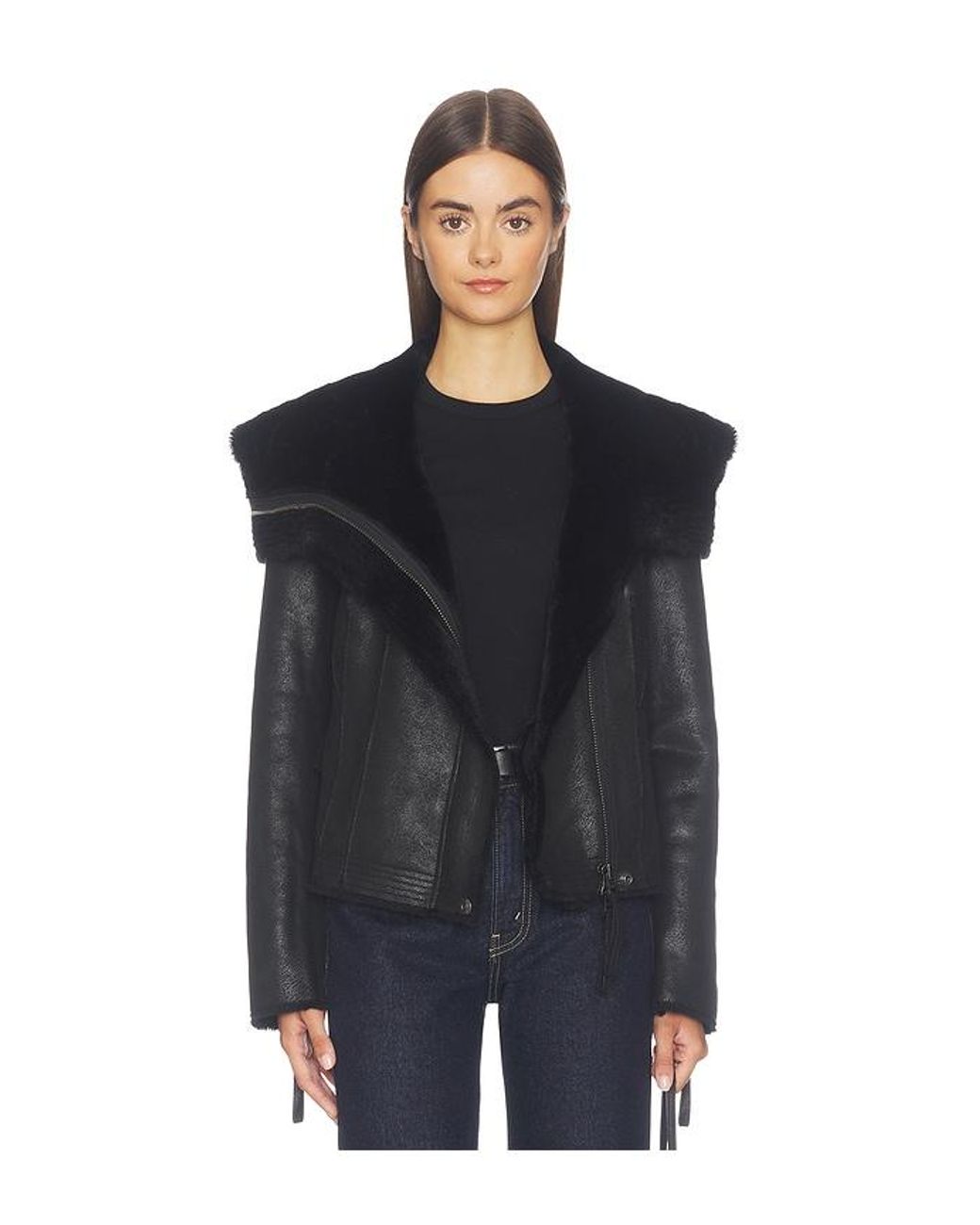 Free People Black X We The Free Fourline Shearling Aviator Jacket