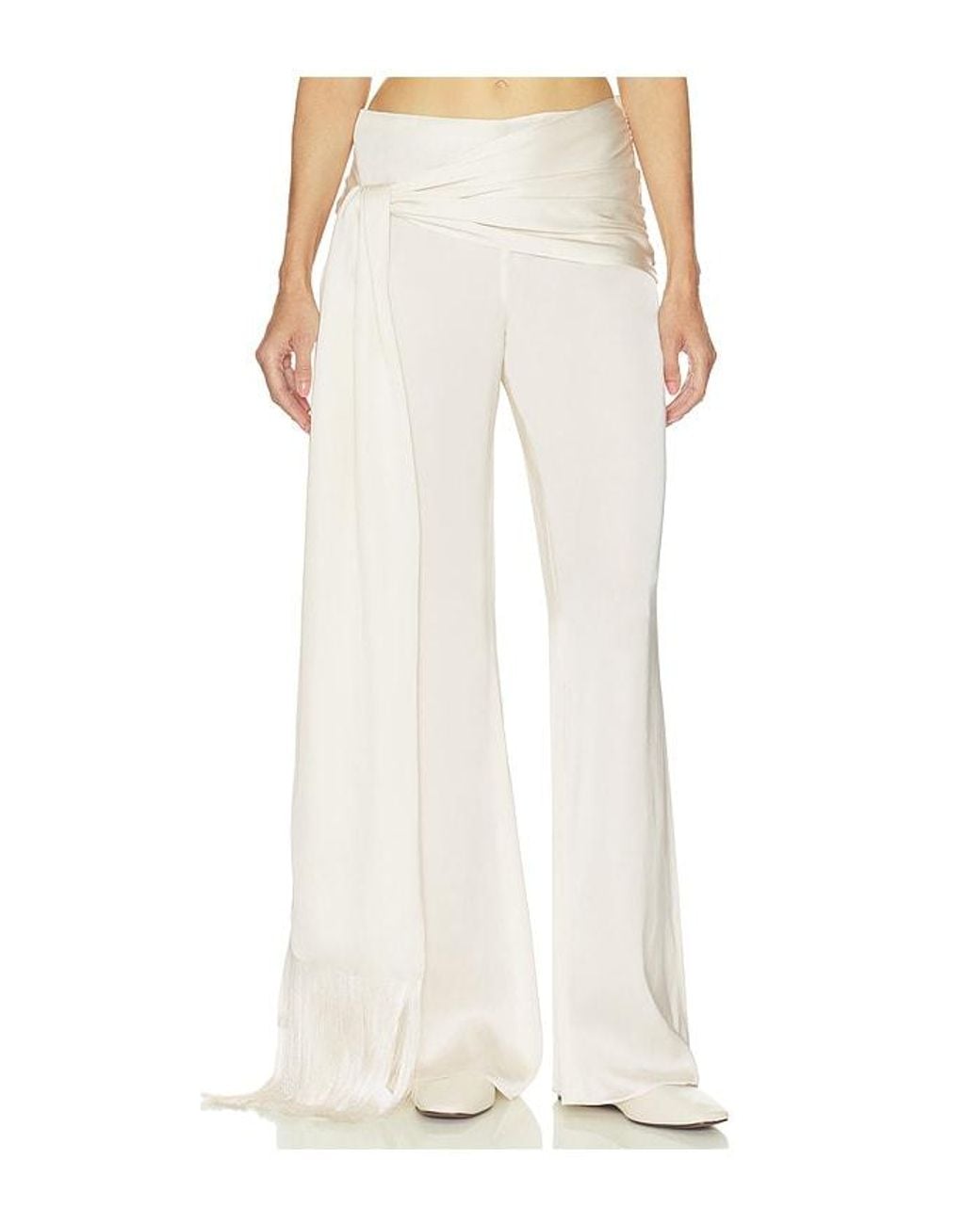 Helsa White Satin Pants With Tie And Fringe