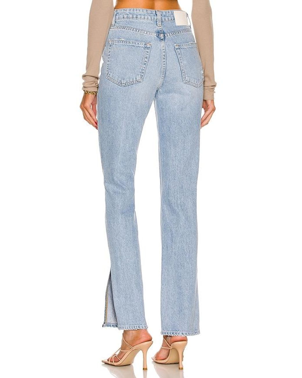 GRLFRND Blue Harlow High Rise Boot Slit Jeans