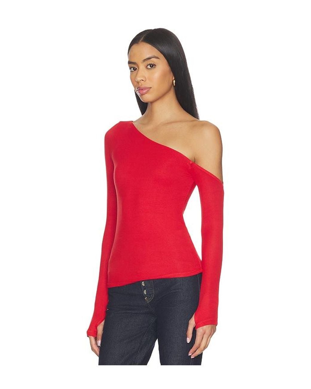 Michael Lauren Red Magdaleno Asymmetrical Fitted Cold Shoulder Top