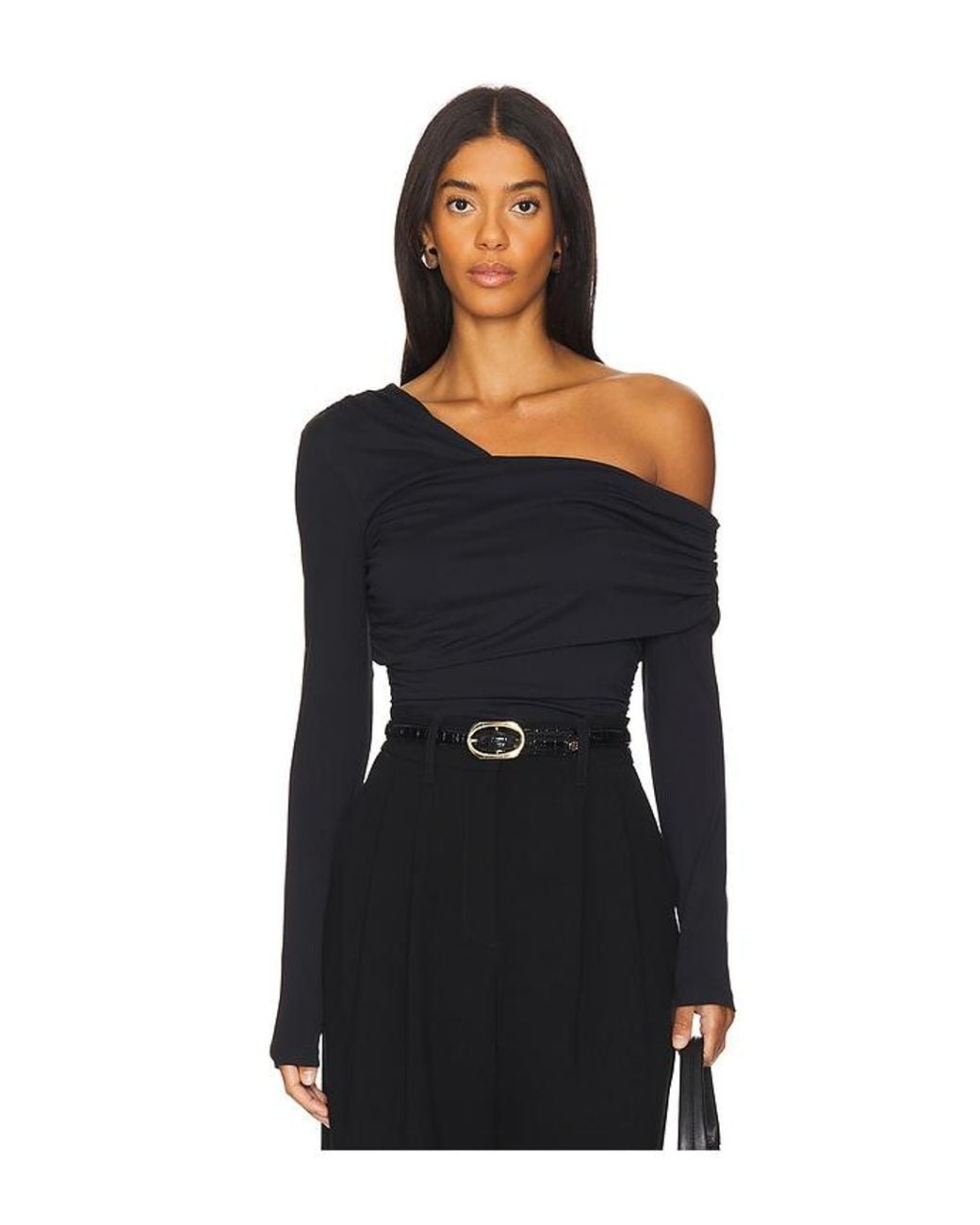 Susana Monaco Black One Shoulder Off Shoulder Long Sleeve Top
