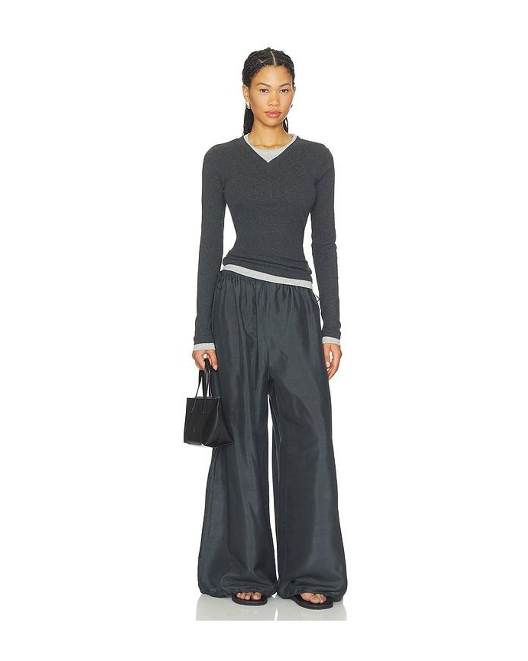 St. Agni Black Organic Cotton V Neck Long Sleeve Top