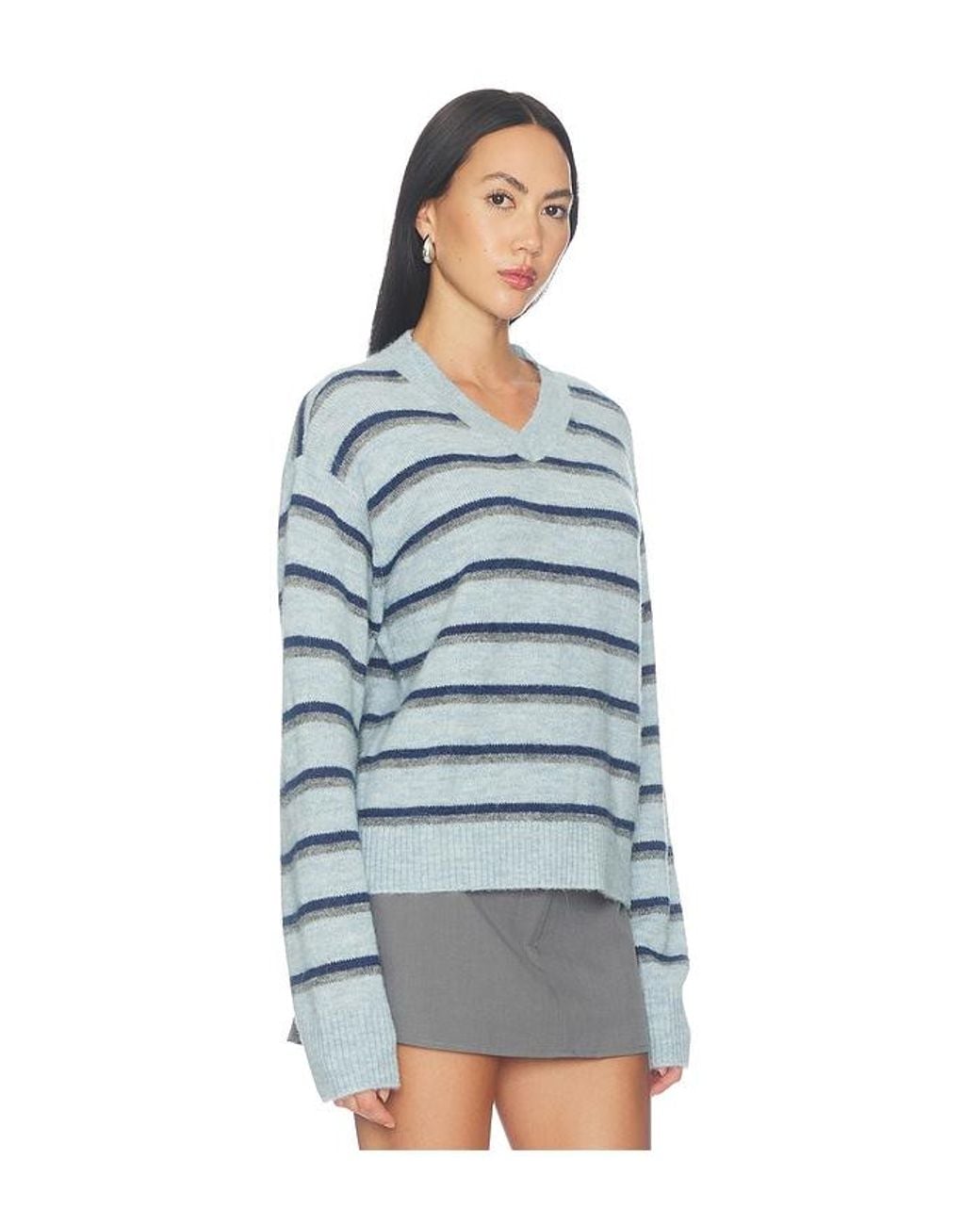 Lovers + Friends Blue Lindy Striped V-Neck Sweater