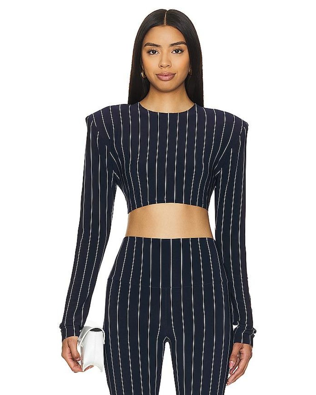 Norma Kamali Cropped Shoulder Pad Long Sleeve Crew Top in Blue Lyst UK