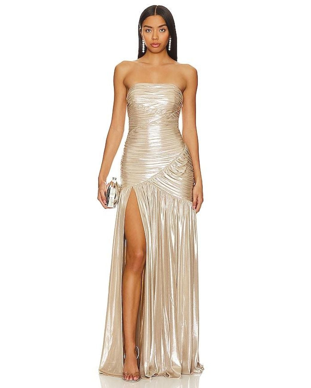 retroféte Natural Josie Pleated Metallic-Lamé Gown
