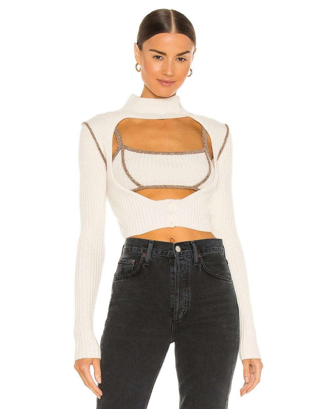 Danielle Guizio Rib Knit Geo Cut Out Cardigan in Natural Lyst