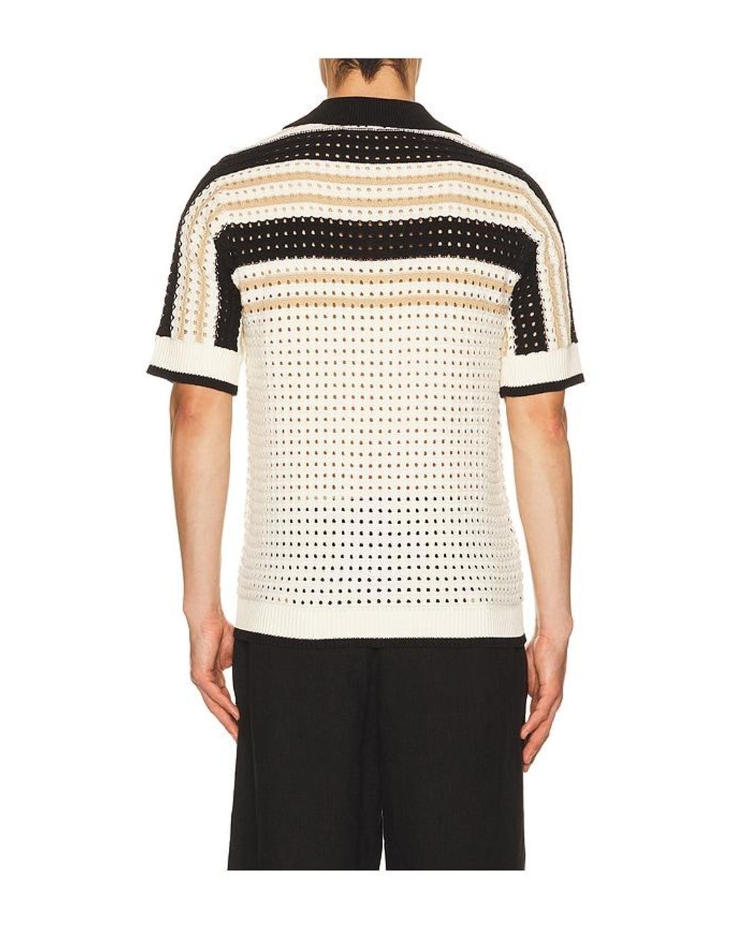 Central Park West Black Anderson Striped Crochet Button Down Shirt for men