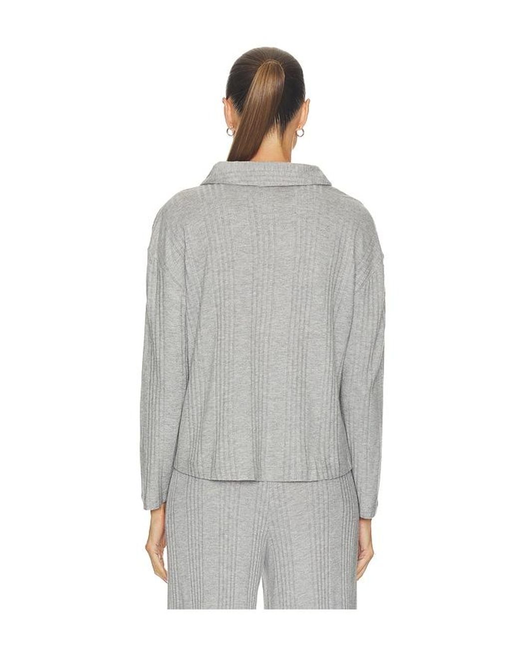 Eberjey Gray Variegated Rib Long Sleeve Polo Top